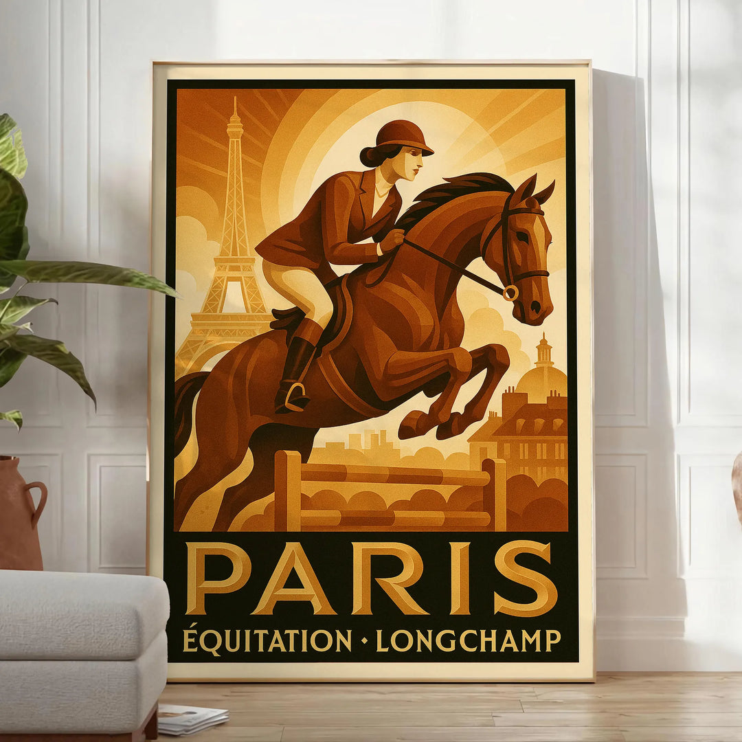 Silueta minimalista de un caballo sobre fondo negro y marrón, tema París