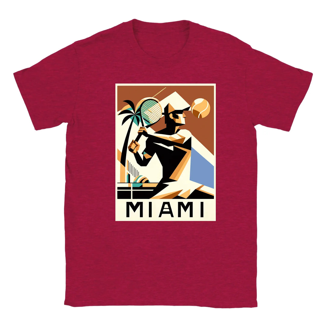 T-shirt featuring a graphic of tennis rackets and a Miami skyline