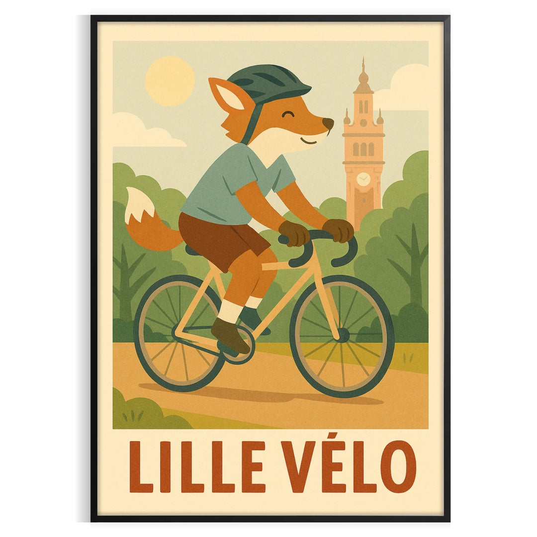 Playful orange fox riding a bicycle against a green background