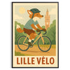 Playful orange fox riding a bicycle against a green background