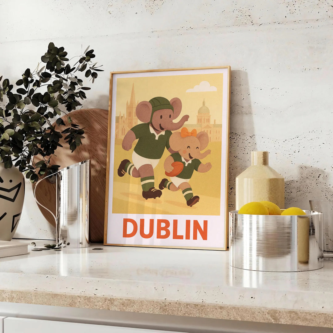 Art Deco illustration of an elephant playing rugby in Dublin