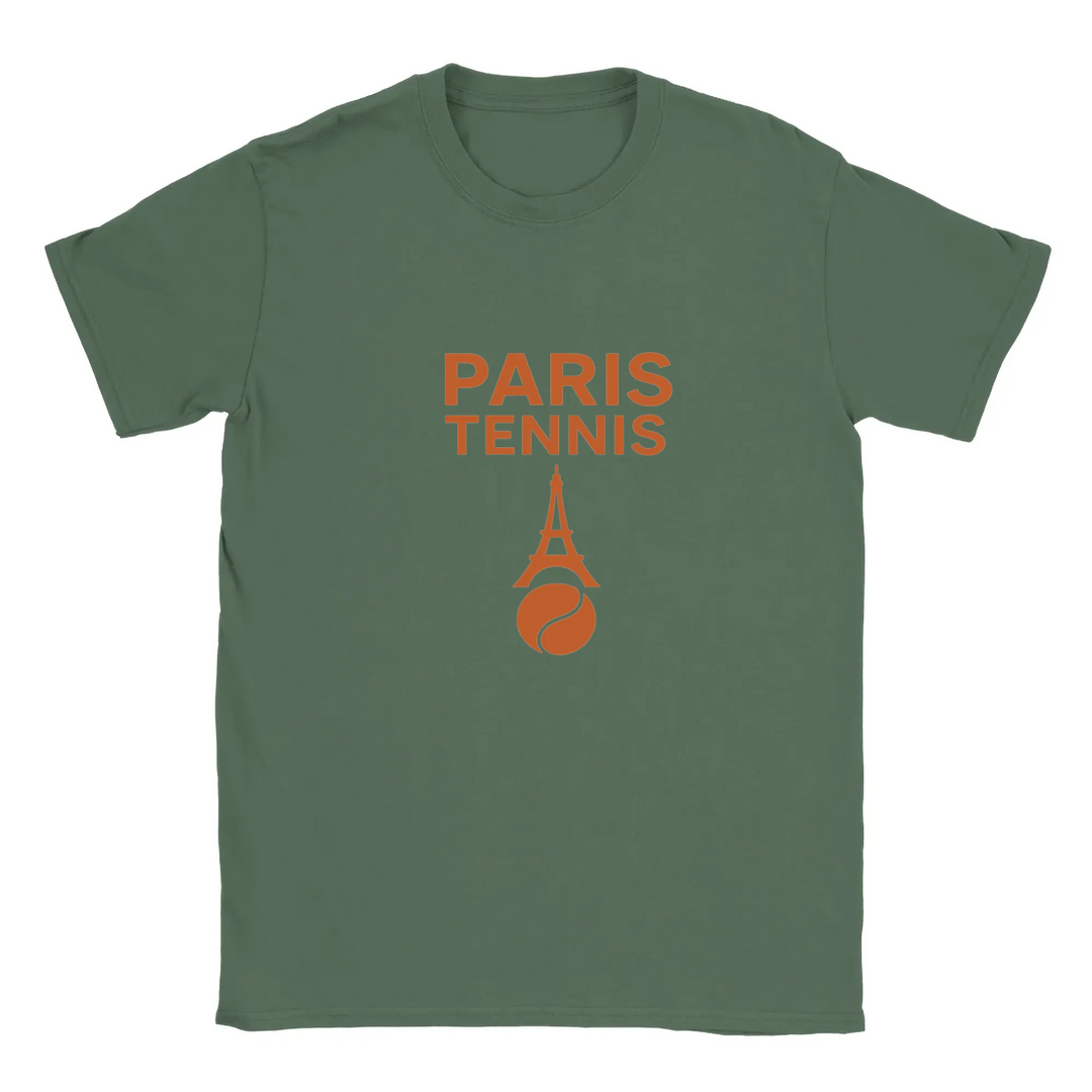 T-shirt featuring a graphic of tennis rackets and a ball with Paris landmarks