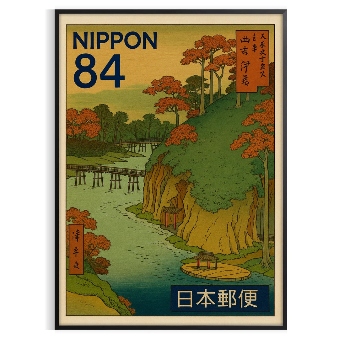 Japanese stamp-style illustration of a serene autumn river scene