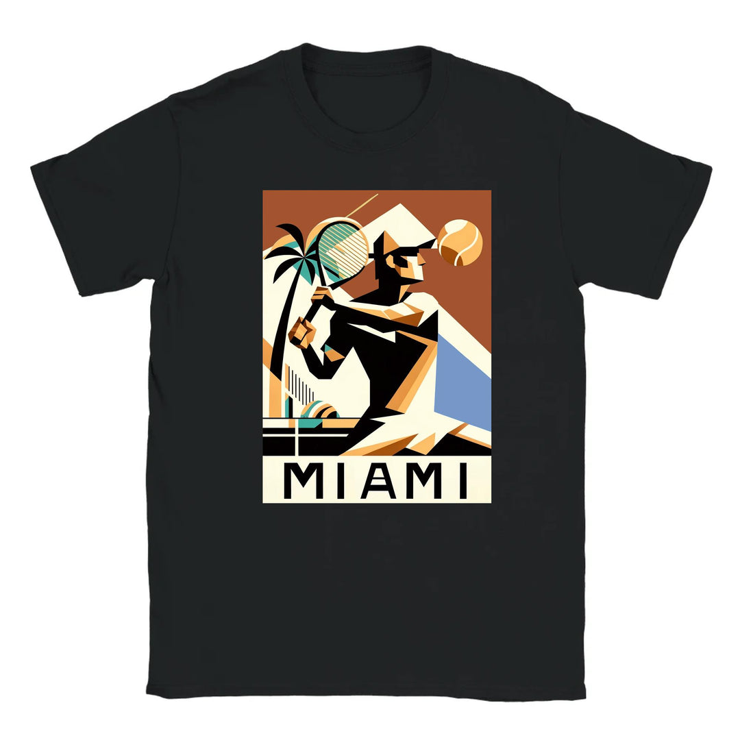 T-shirt featuring a graphic of a Miami tennis court with retro typography
