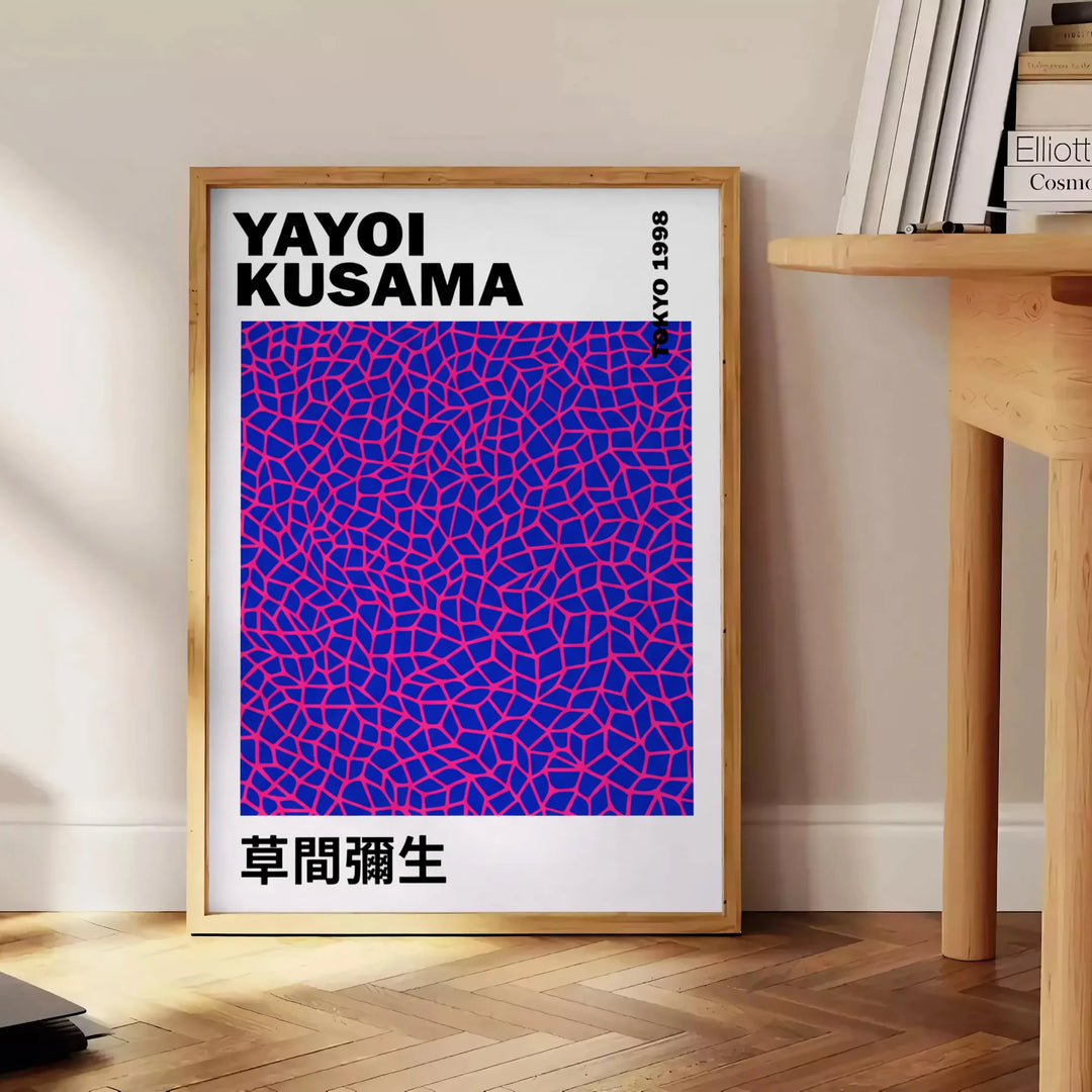 Pink and black pumpkin design by Yayoi Kusama in pop-art style