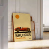 Geometric Bauhaus car design in red, brown, and green colors