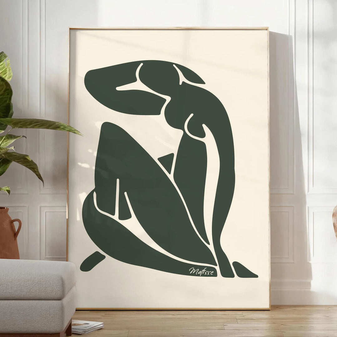 Matisse-style blue cutout figure on a white-gray background