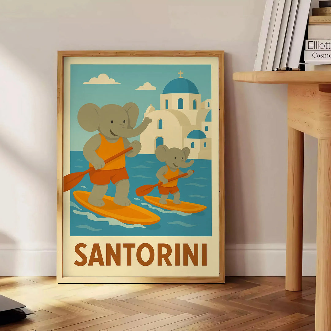 Whimsical illustration of a blue elephant paddling in Santorini