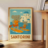 Whimsical illustration of a blue elephant paddling in Santorini