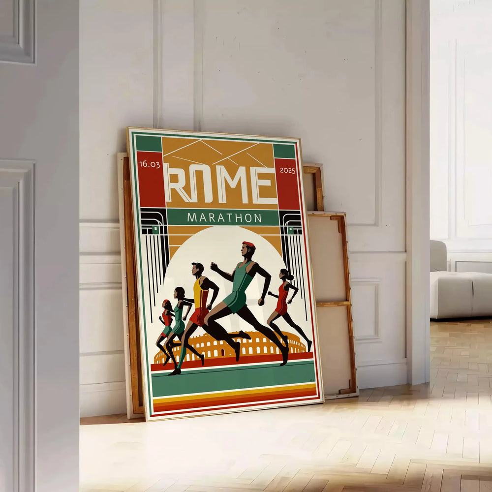 Dynamic runners in motion against a backdrop of Rome's historic architecture
