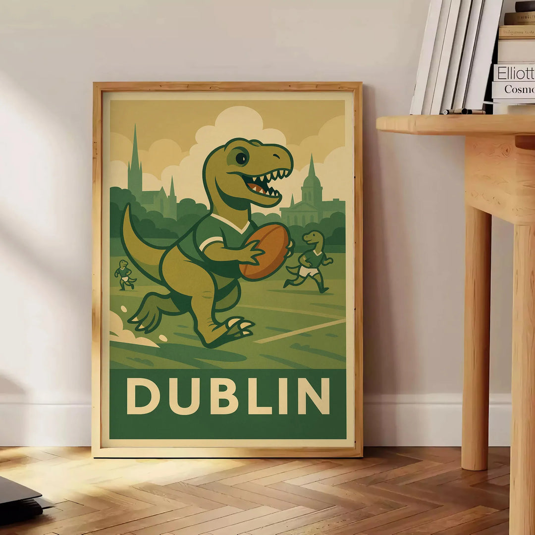 Art-deco style dinosaur playing rugby in a Dublin setting