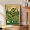Art-deco style dinosaur playing rugby in a Dublin setting