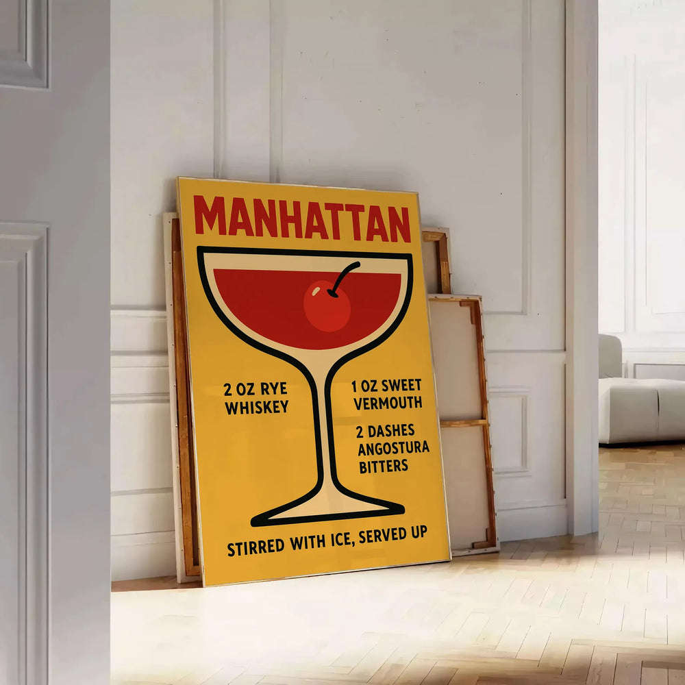 Poster showing minimalist Manhattan cocktail illustration in red and black colors