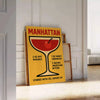 Poster showing minimalist Manhattan cocktail illustration in red and black colors