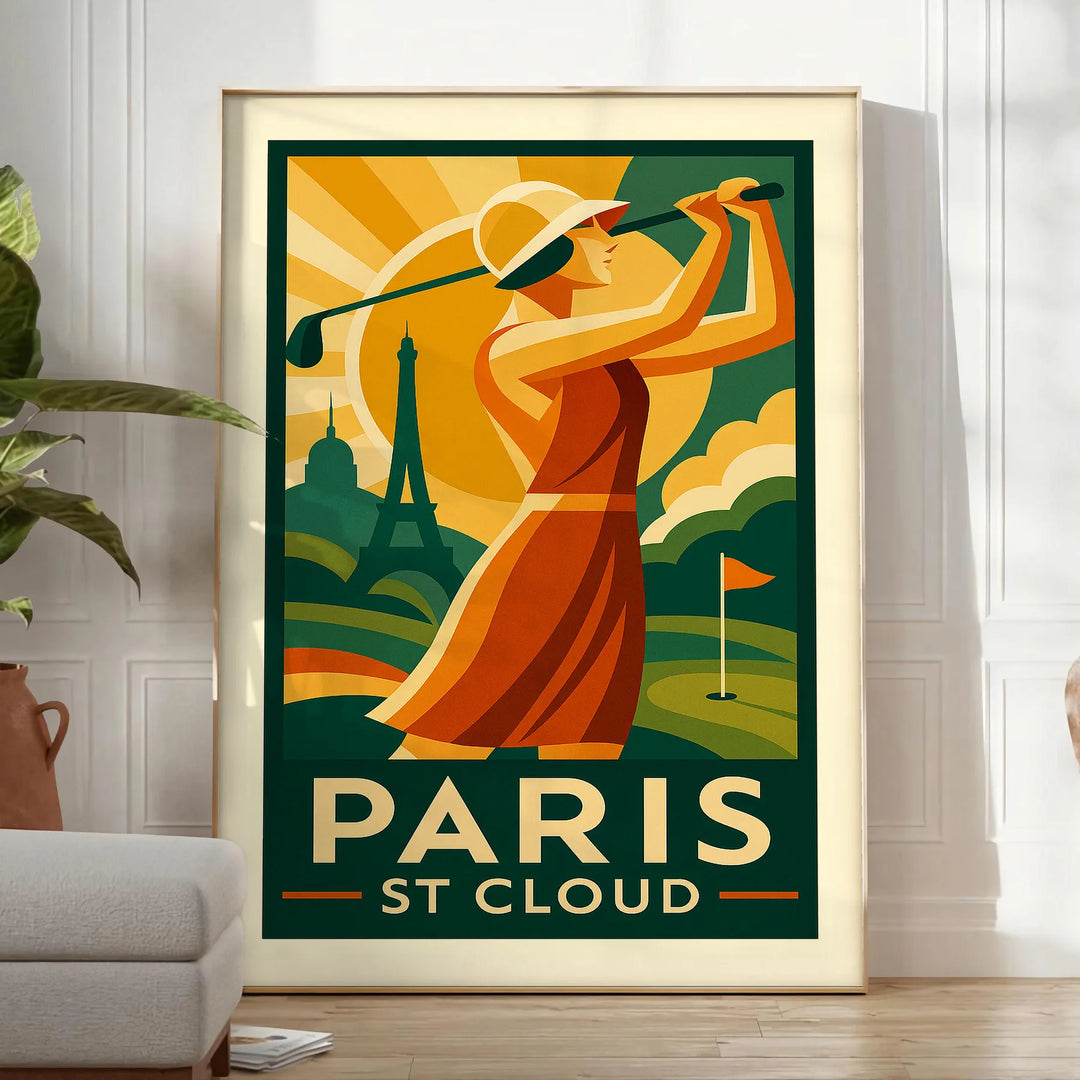 Ilustração de um campo de golfe em St. Cloud, Paris, com tons verdes e vermelhos