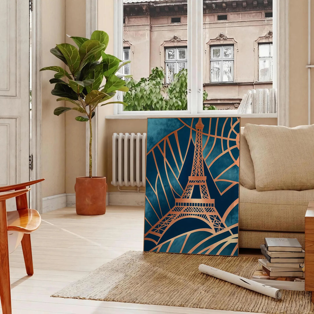 Art Deco poster featuring the Paris skyline in green and gray geometric patterns