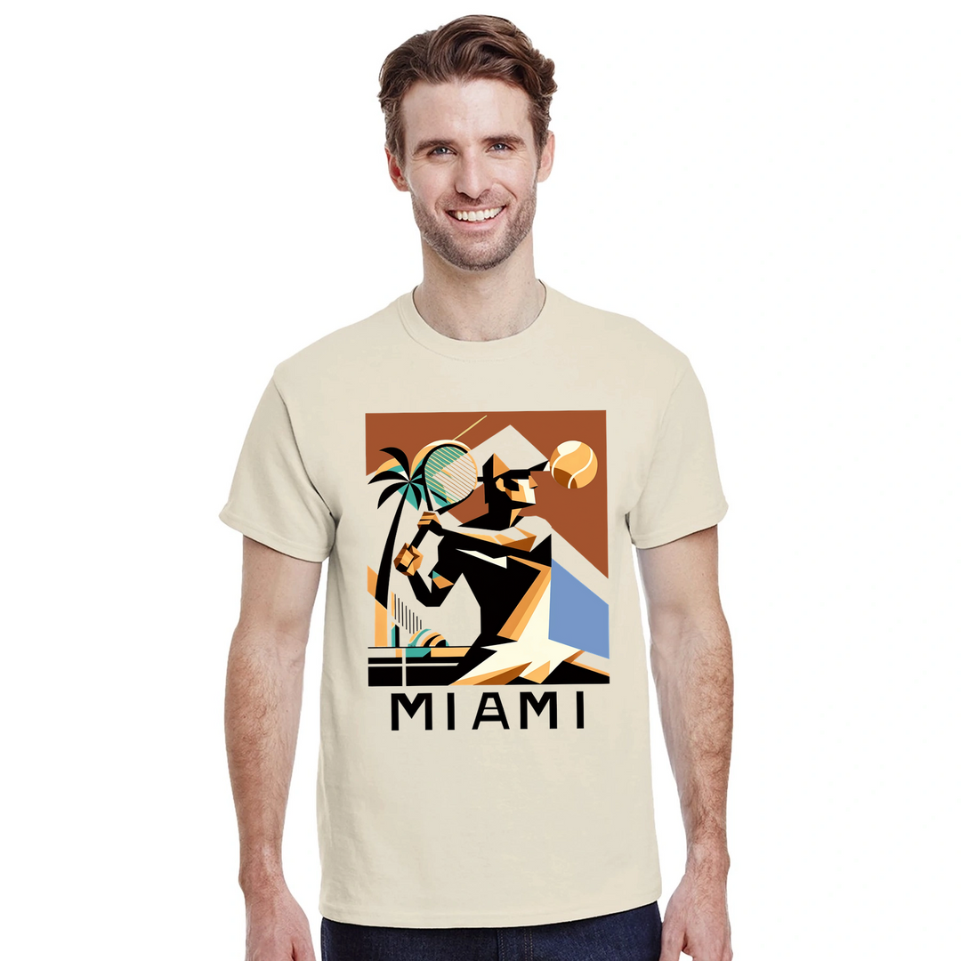 T-shirt featuring a tennis player in action against a Miami skyline