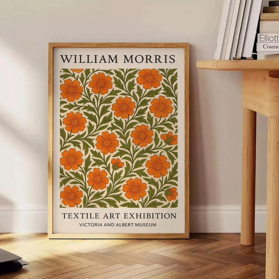 William Morris botanical design featuring intricate floral patterns in orange and green