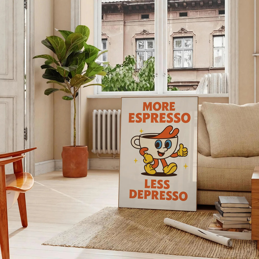 Kitchen poster featuring 'More Espresso Less Depresso' typography with a stylized eye in green-gray tones