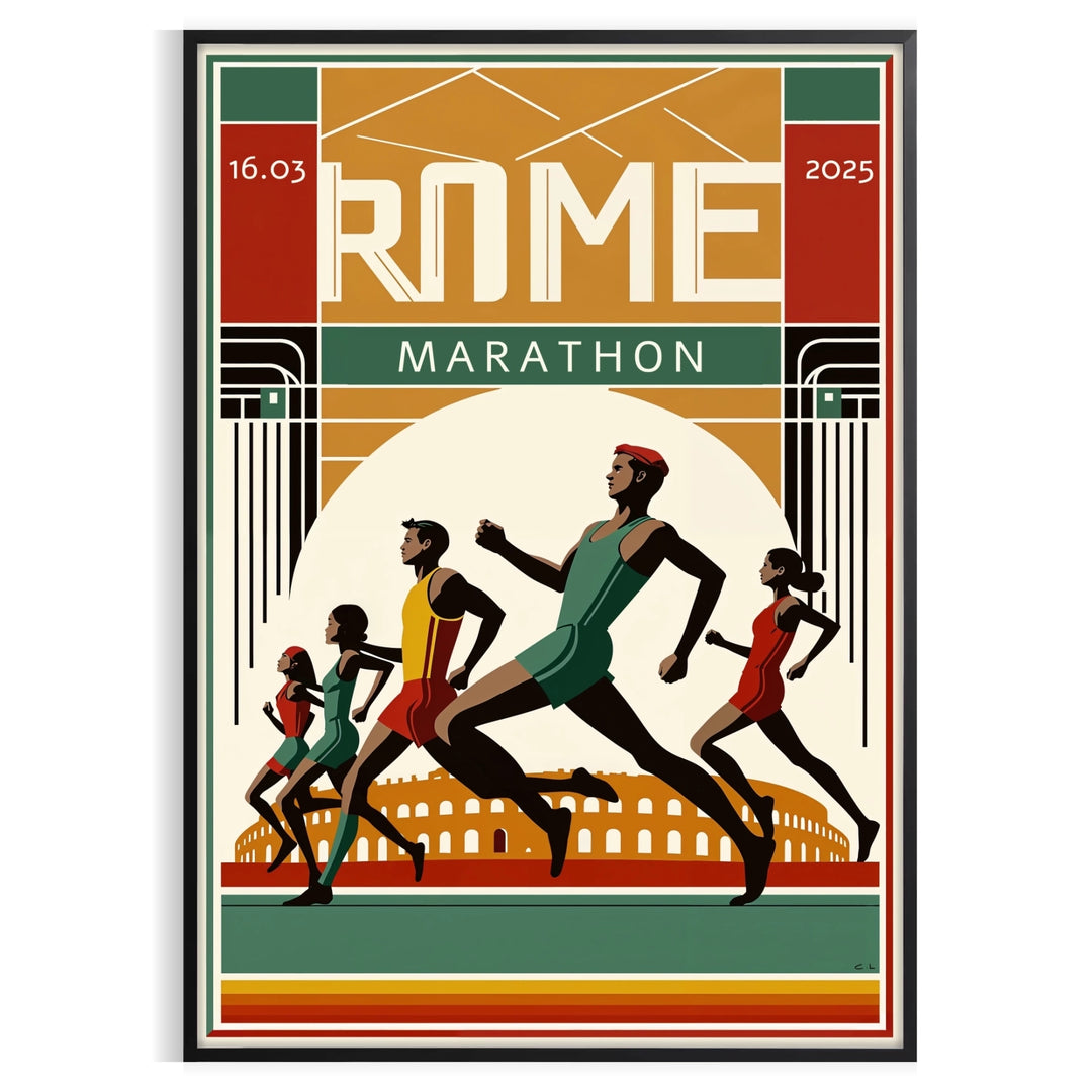 Dynamic runners in motion against a backdrop of Rome's historic architecture