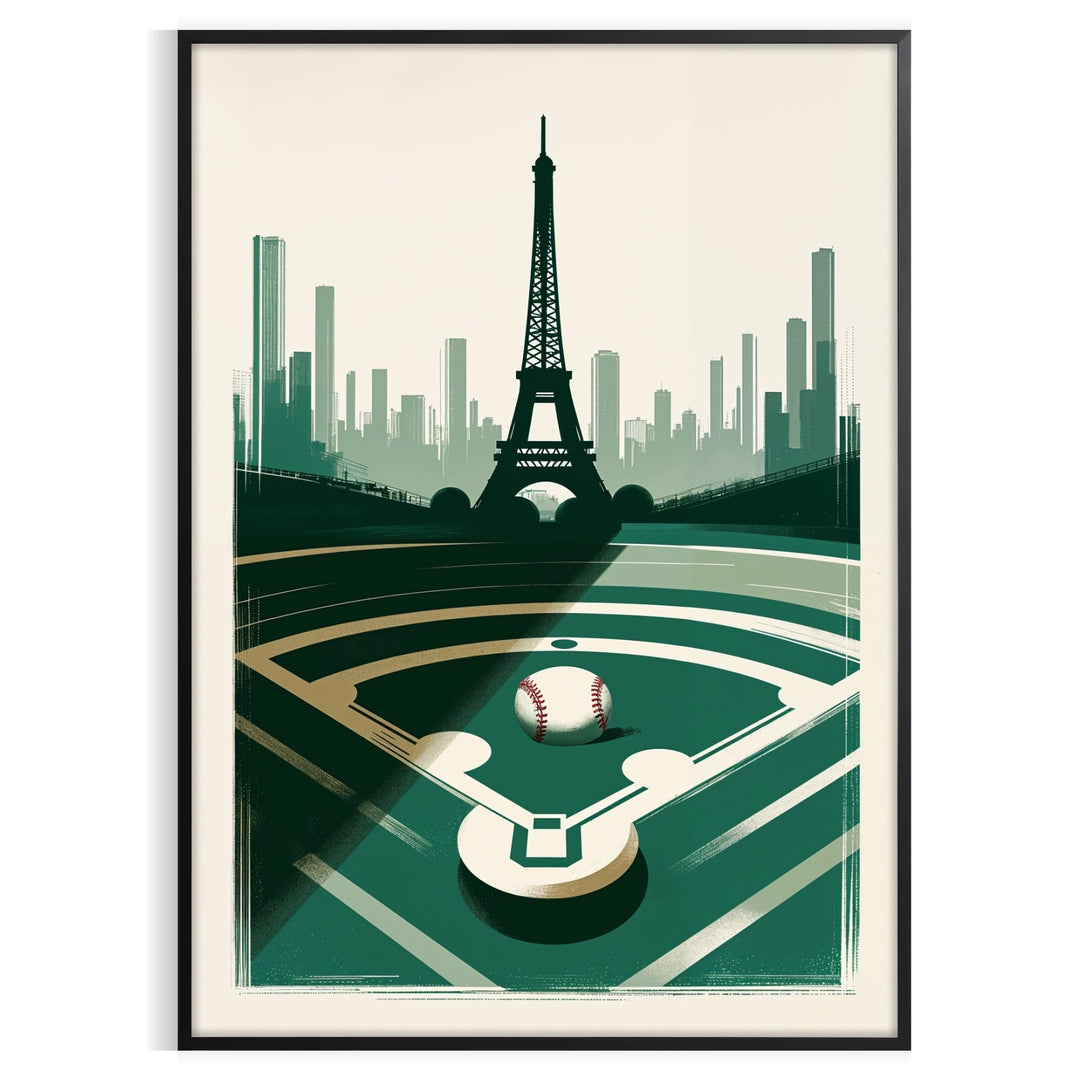 Vintage poster showing baseball player with Paris motifs in retro style
