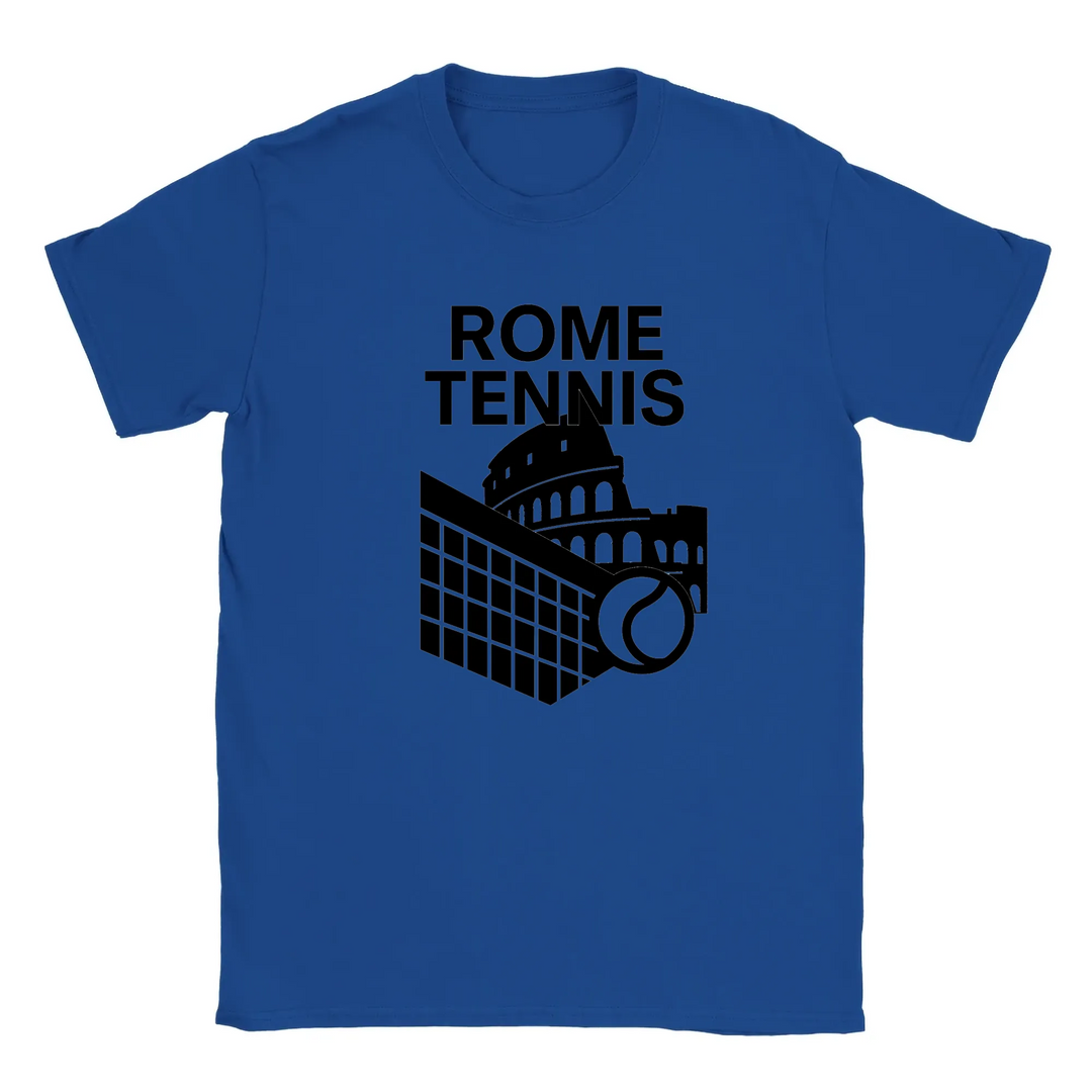 T-shirt featuring a graphic design of tennis elements with Rome landmarks