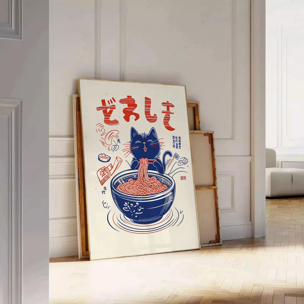 Blue and red Maneki Neko kitchen illustration poster, playful Japanese charm