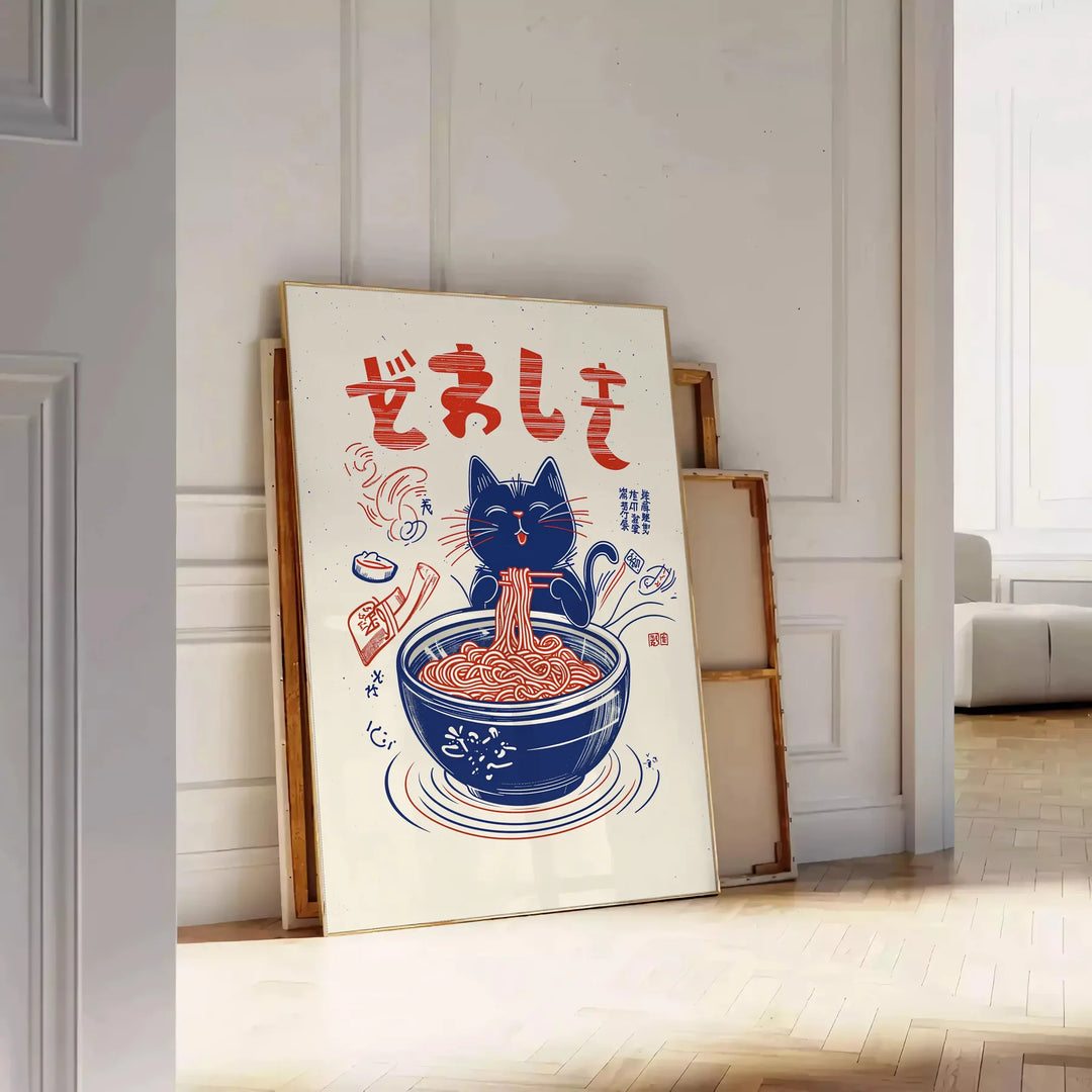 Blue and red Maneki Neko kitchen illustration poster, playful Japanese charm