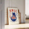 Blue and red Maneki Neko kitchen illustration poster, playful Japanese charm