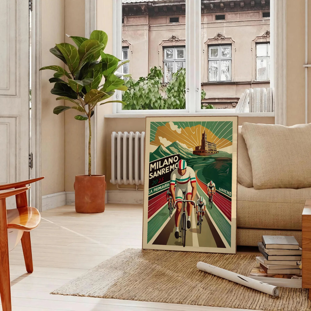 Vintage poster depicting cyclists racing through a green landscape with orange accents