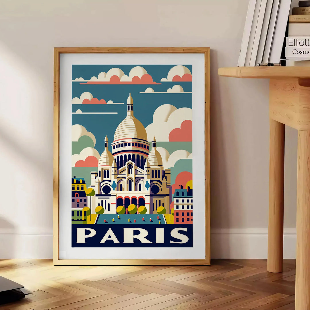 Vintage illustration of Sacré-Cœur in Paris, featuring orange and white tones
