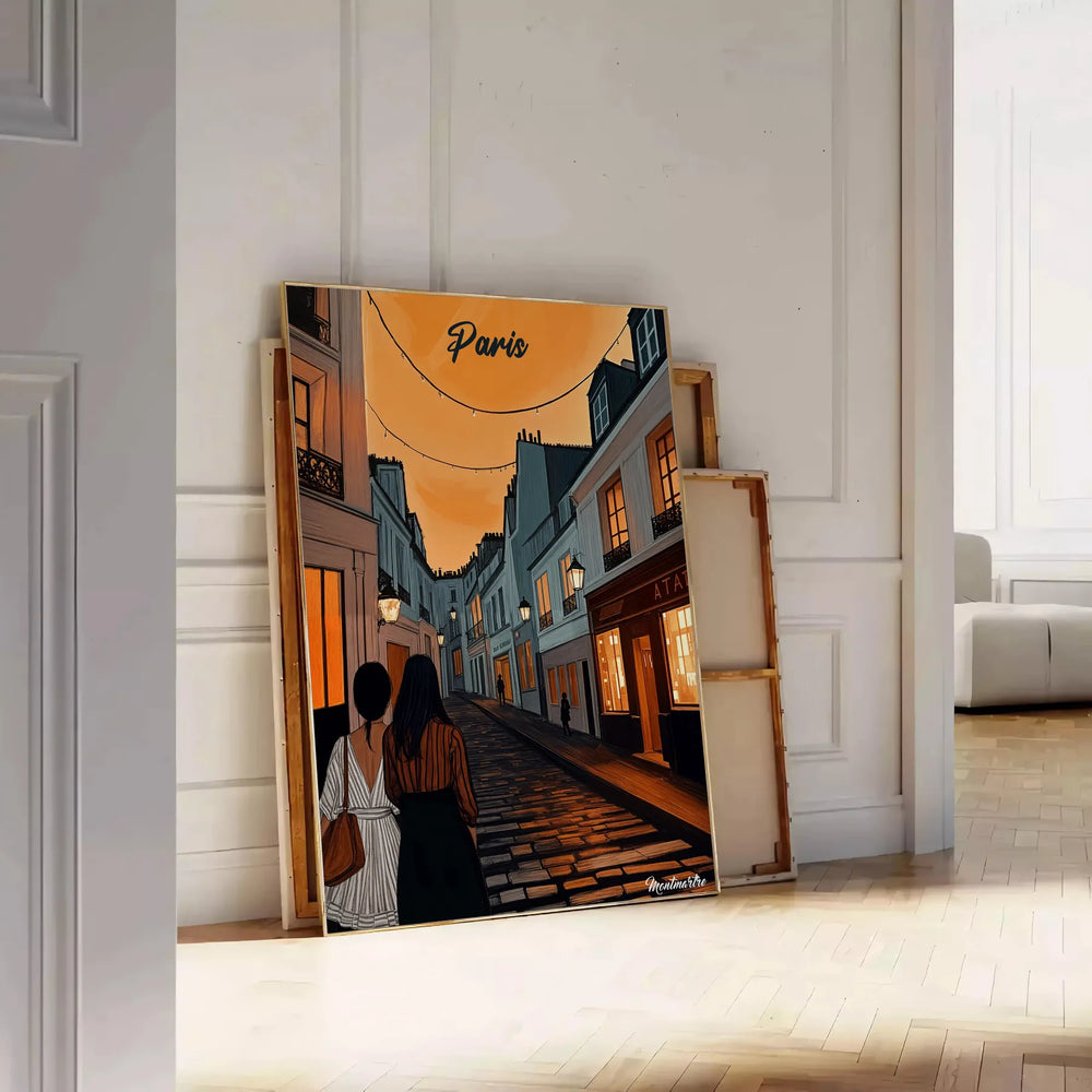Montmartre poster with stylized illustration of Paris in green and orange