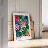 Blue and white poster featuring leopard motifs in Yayoi Kusama style