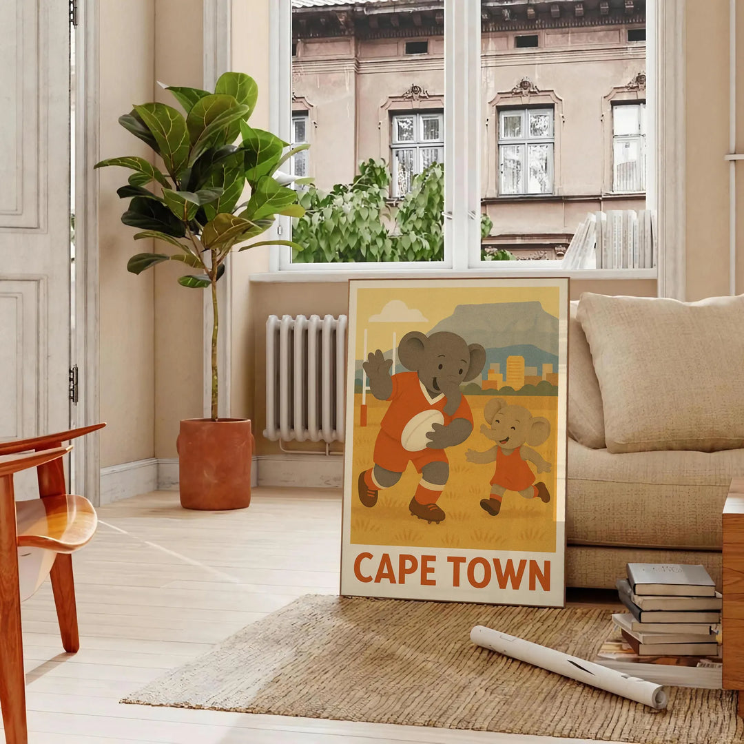 T-shirt featuring a playful elephant playing rugby in Cape Town
