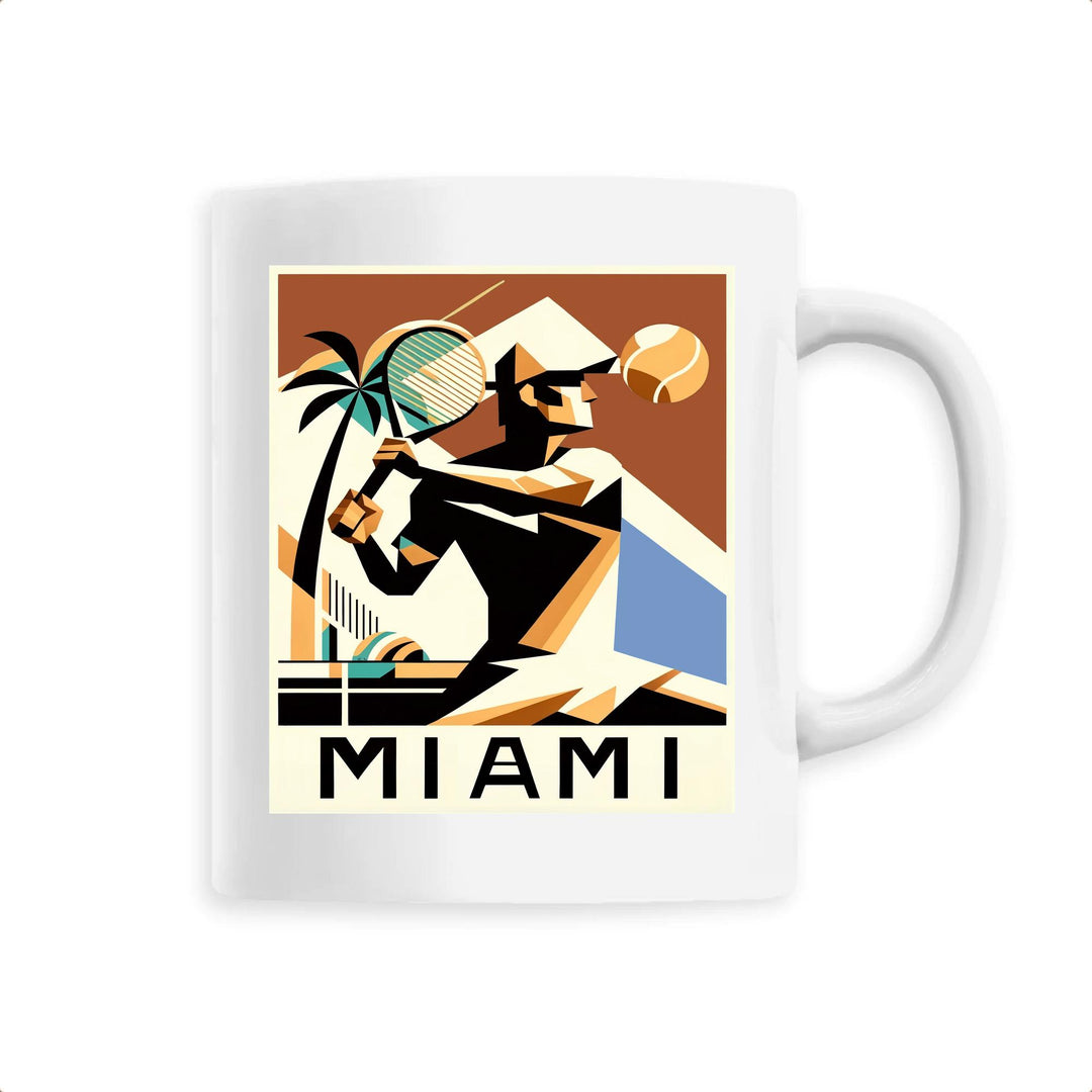 Ceramic mug with Miami tennis court graphic and retro-inspired design