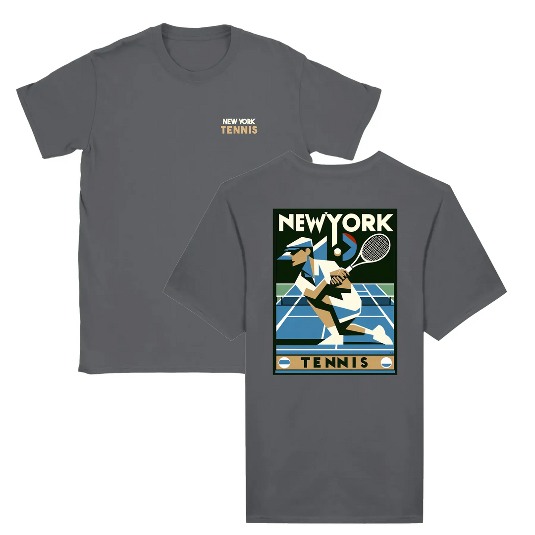 T-shirt featuring a graphic of a tennis player in New York