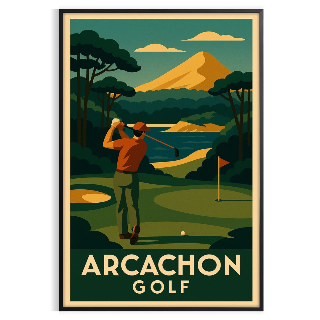 Art deco illustration of Arcachon golf course in yellow and gray tones
