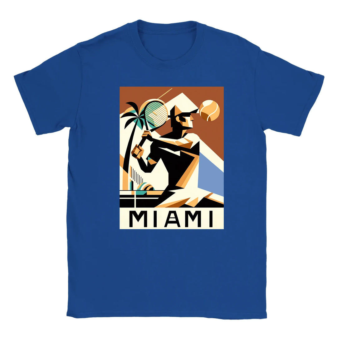 T-shirt featuring a graphic of a Miami tennis court with retro typography