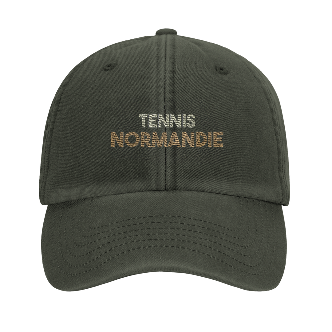 Embroidered cap featuring a vintage tennis design with Normandie text
