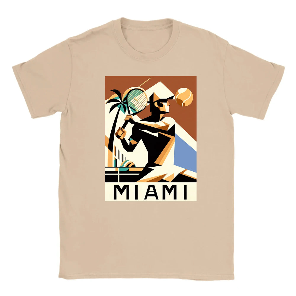 T-shirt featuring a graphic of a Miami tennis court with retro typography