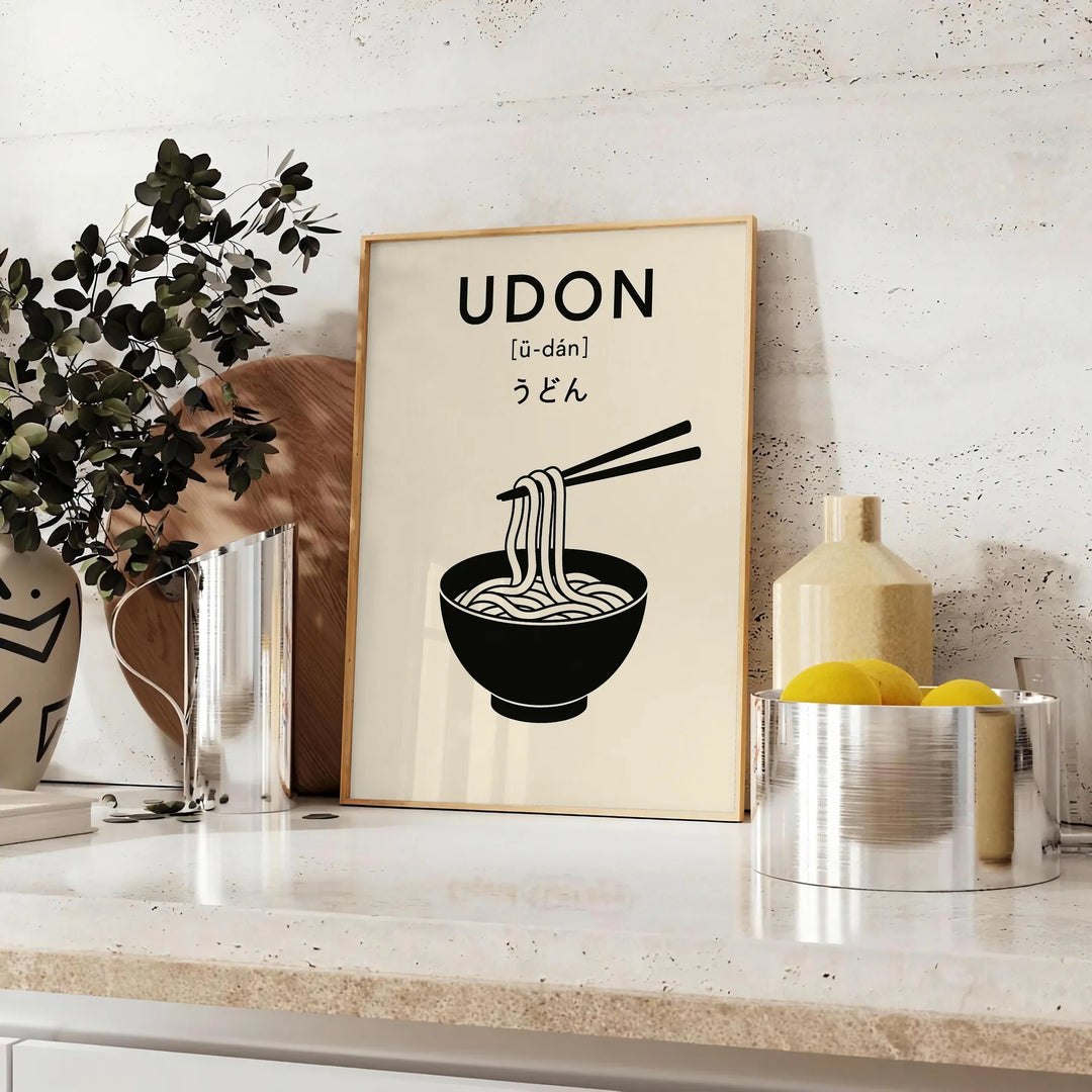 Stylized udon noodle bowl with chopsticks, orange and black graphic art
