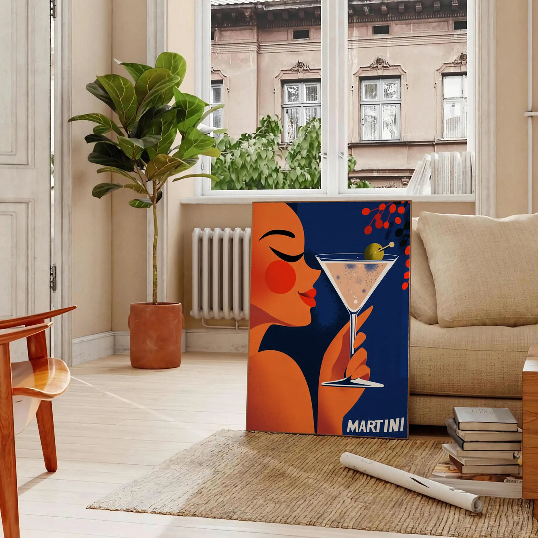 Stylized illustration of a woman holding a martini in orange and green tones