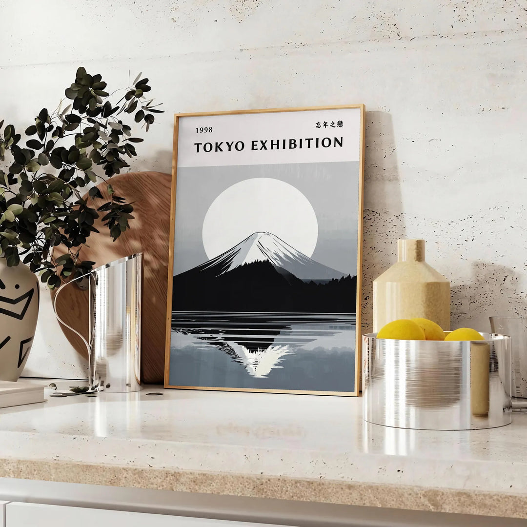 Mount Fuji poster in serene minimalist gray and blue landscape artwork
