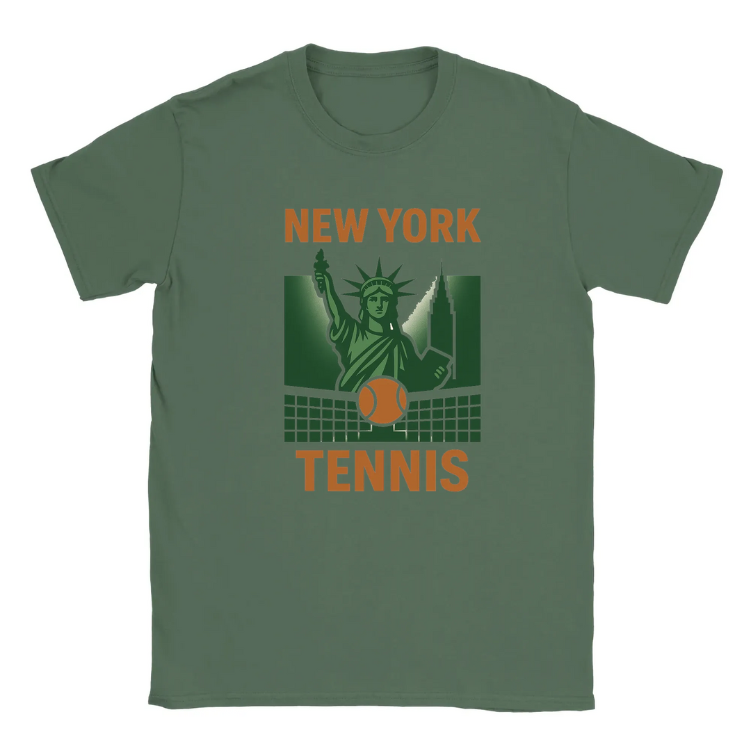 T-shirt featuring a graphic of tennis rackets and balls with New York text