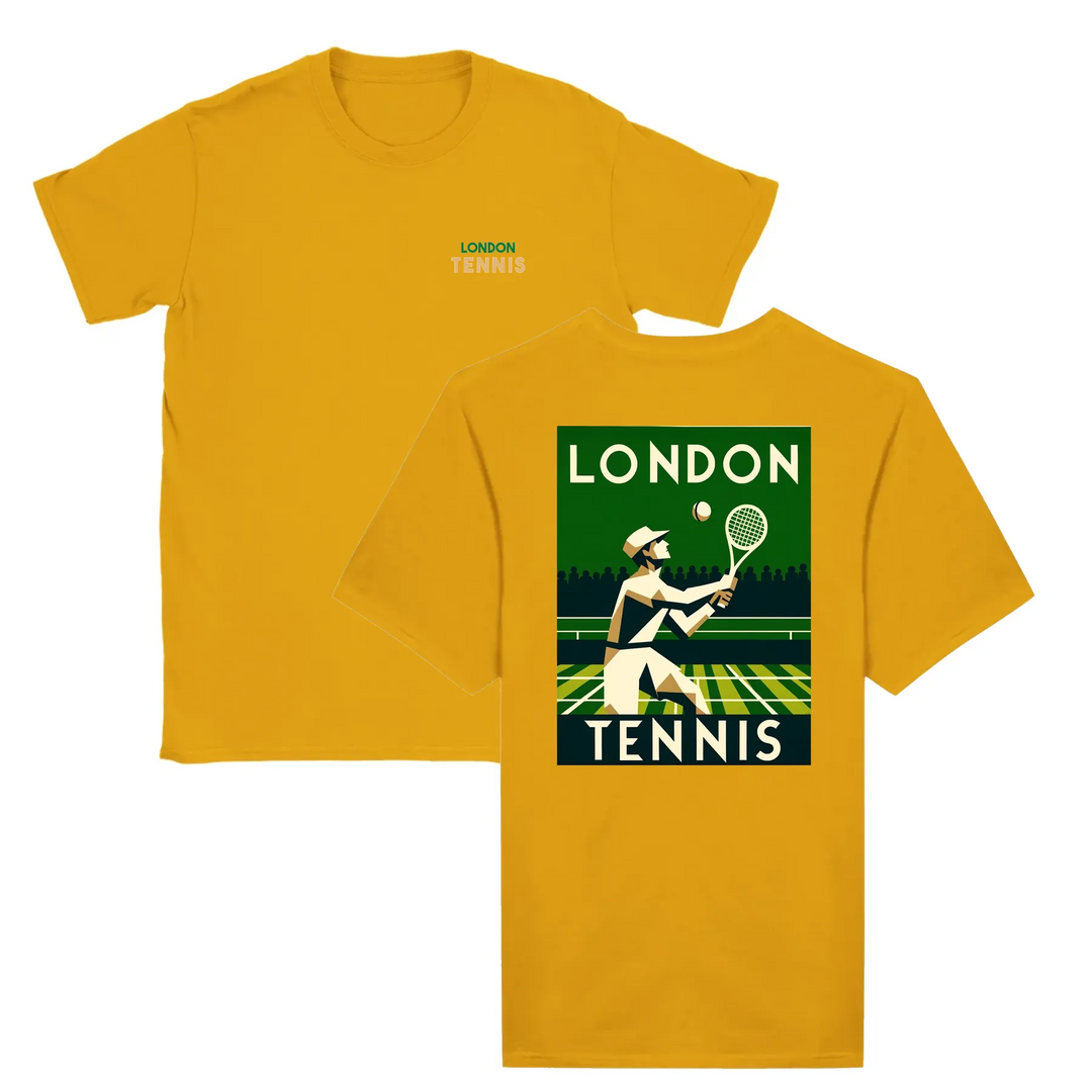 T-shirt featuring a graphic of tennis rackets and a ball in a dynamic design