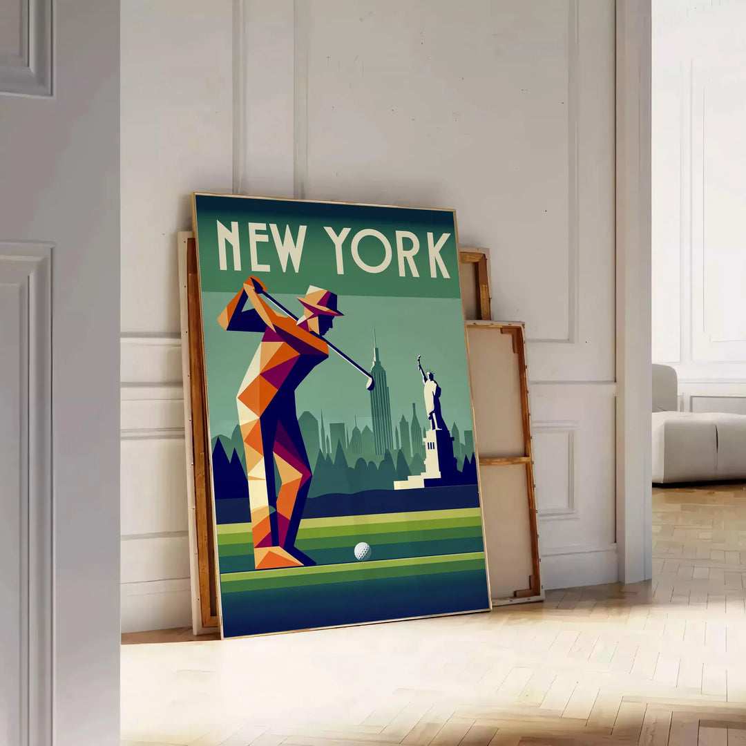 Art Deco style poster featuring a golf scene in New York with gray and brown tones