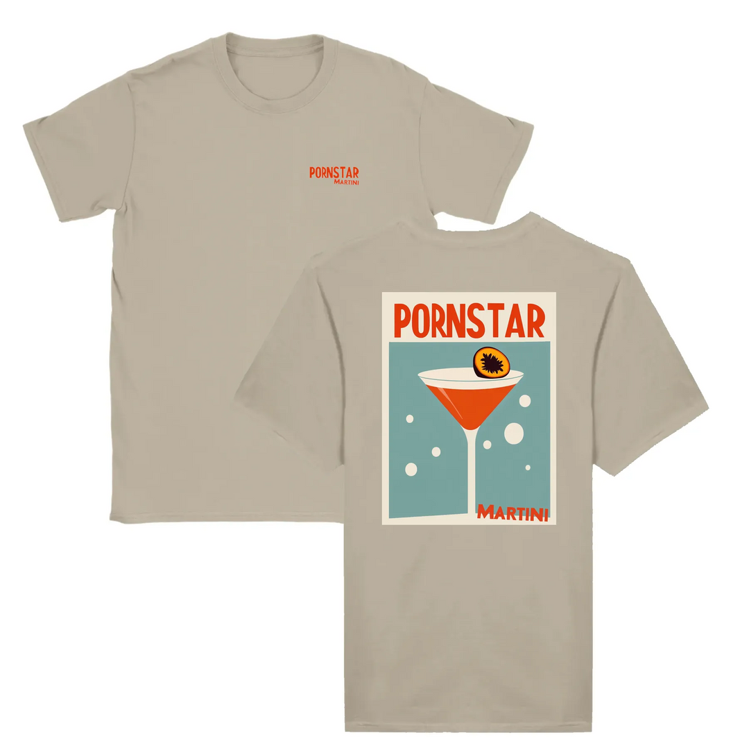 T-shirt featuring a graphic of a Pornstar Martini cocktail