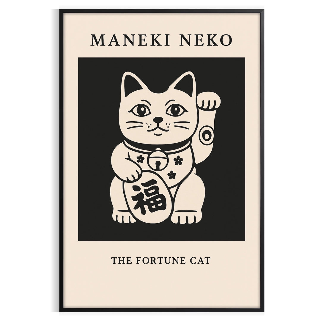 Gray and orange Maneki Neko fortune cat poster, minimalist Japanese illustration