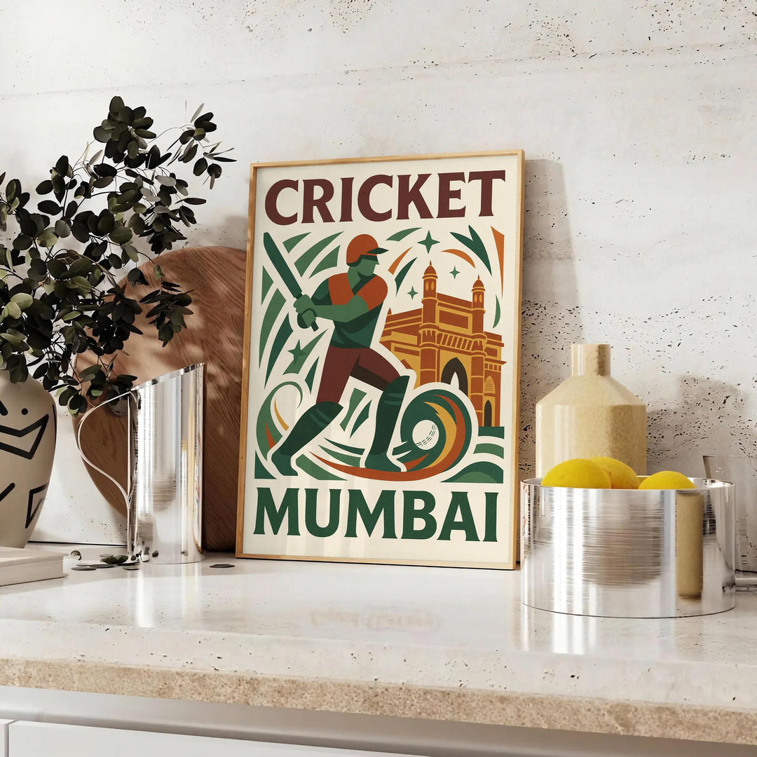 Gray and white poster of stylized cricket player, minimalist Mumbai design
