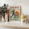Gray and white poster of stylized cricket player, minimalist Mumbai design